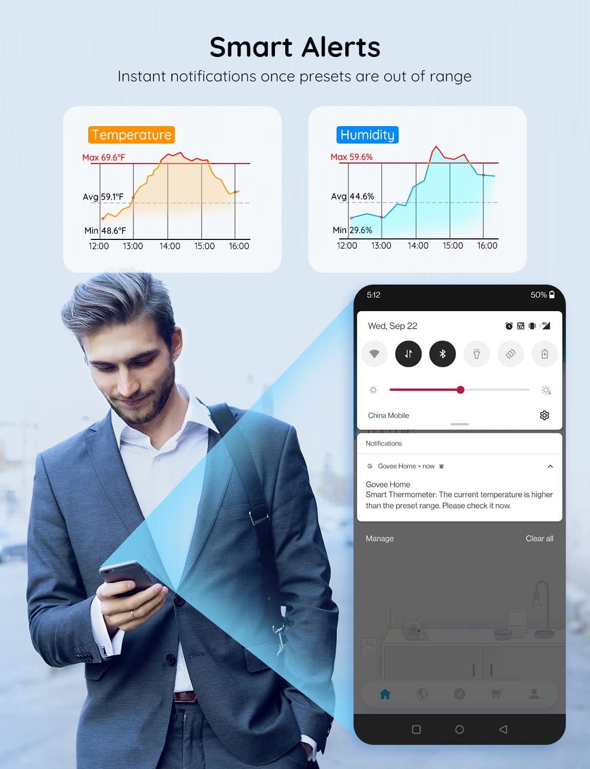 Govee app graph on phone showing temperature and humidity trends, benefit: quick visual insights