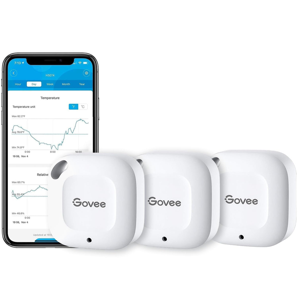 Govee front packaging 3-pack showing compact sensors and box, clear overview benefit