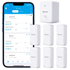 Govee front packaging showing six sensors and gateway, clear kit overview benefit: easy multi-point monitoring