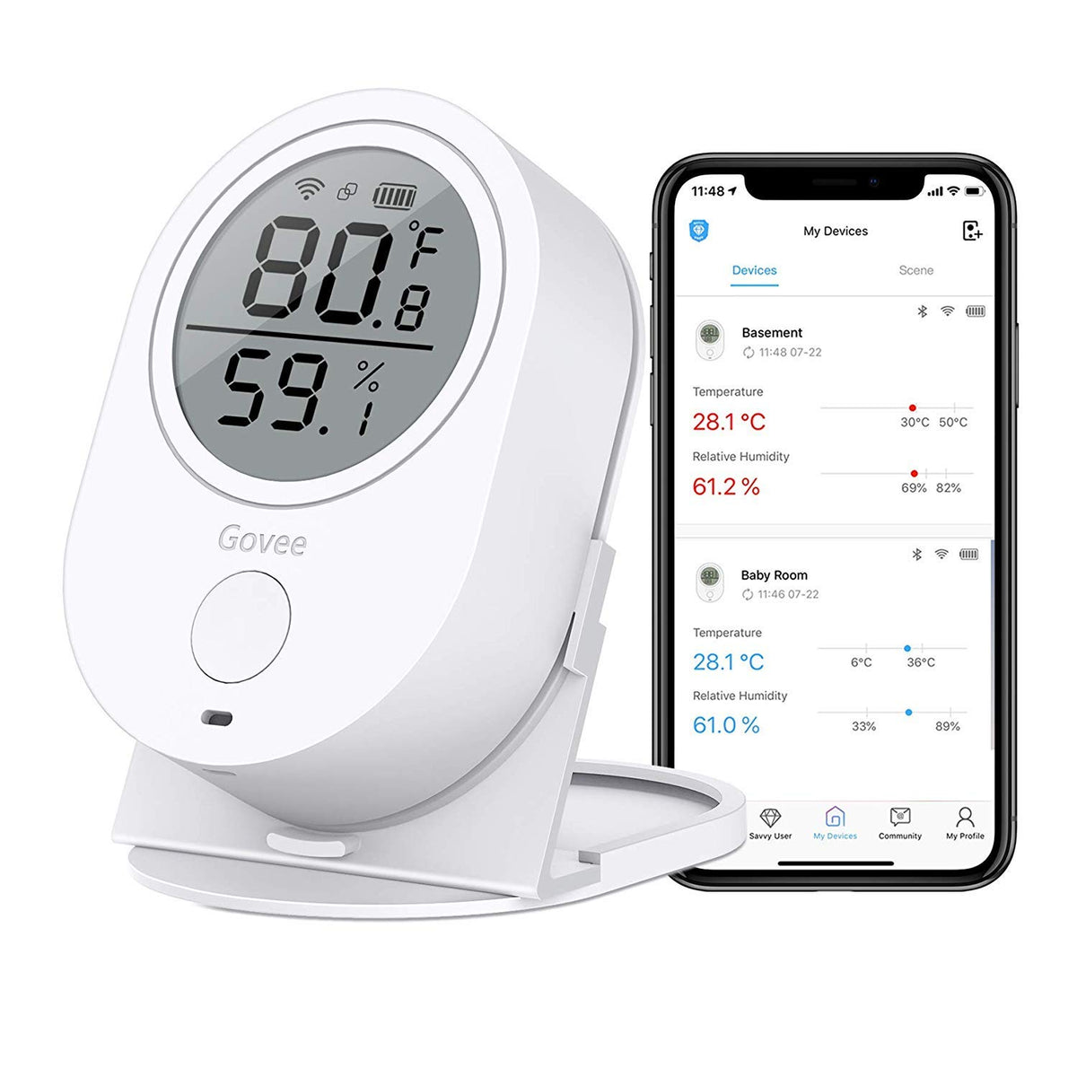 Govee H5051 front LCD display showing temperature and humidity for clear monitoring