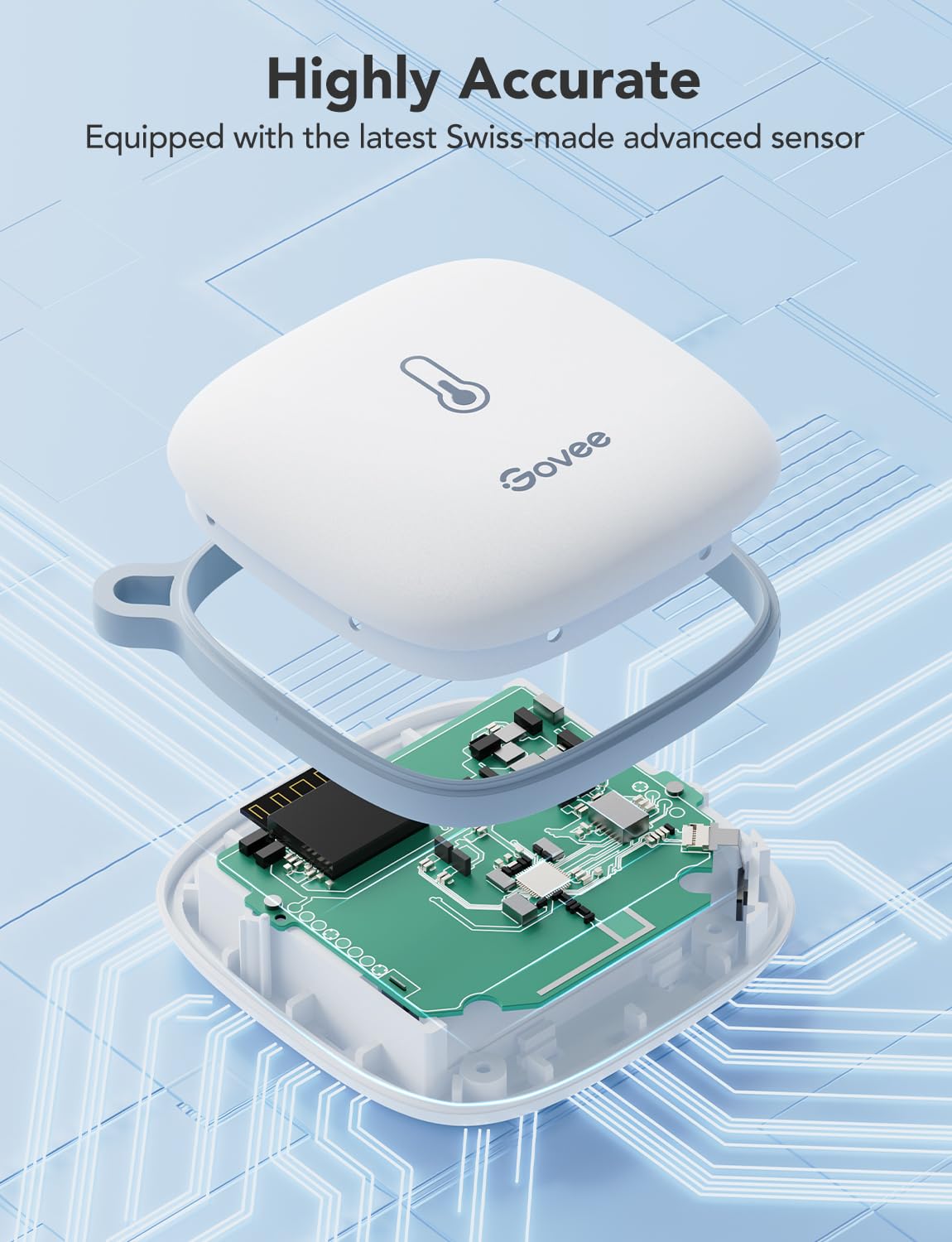 Govee H5179 product edge showing battery compartment and connectivity ports for convenience