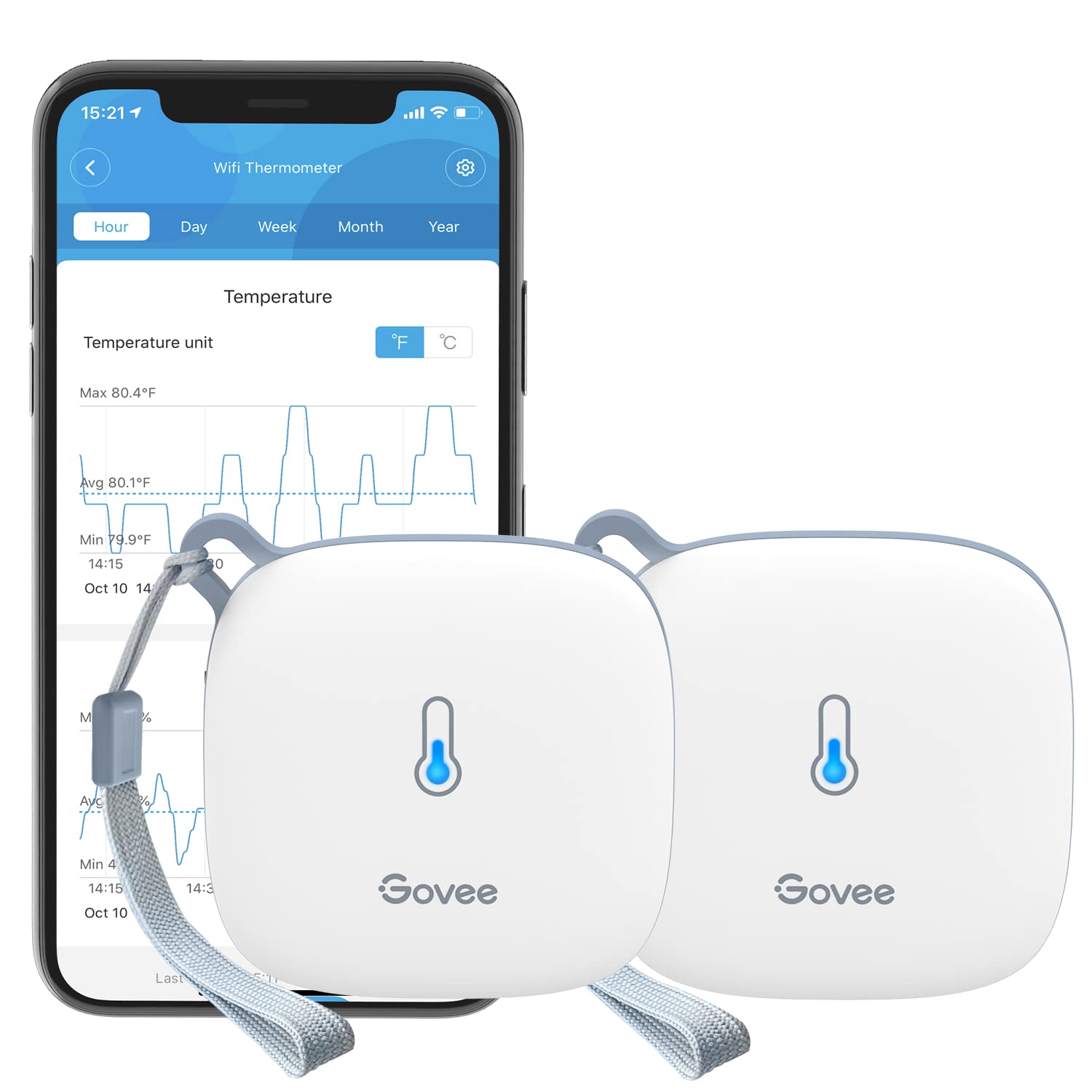 Govee H5179 front packaging showing two sensors and included accessories for easy setup