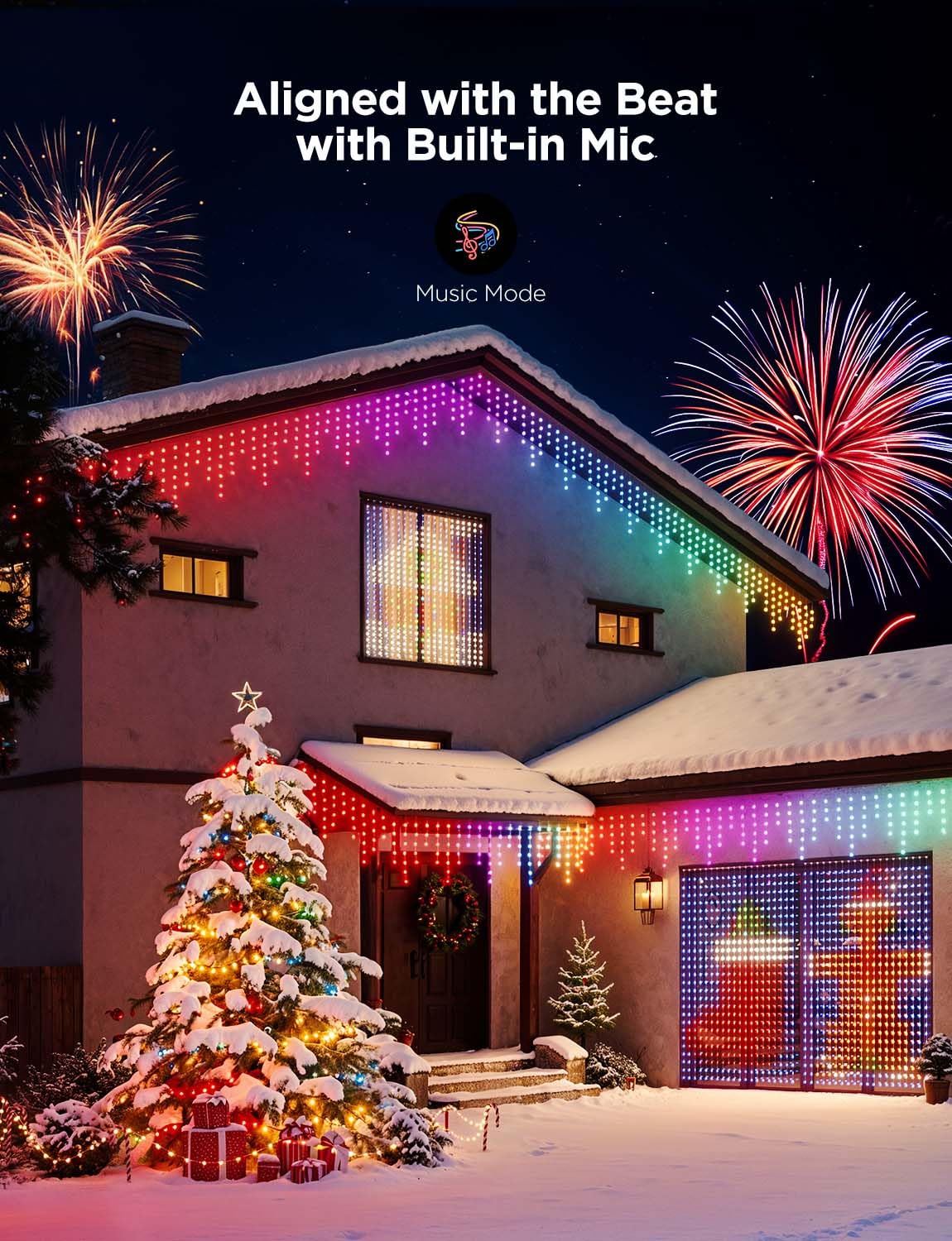 Govee icicle lights hung from eave showing cascading LEDs and festive ambiance