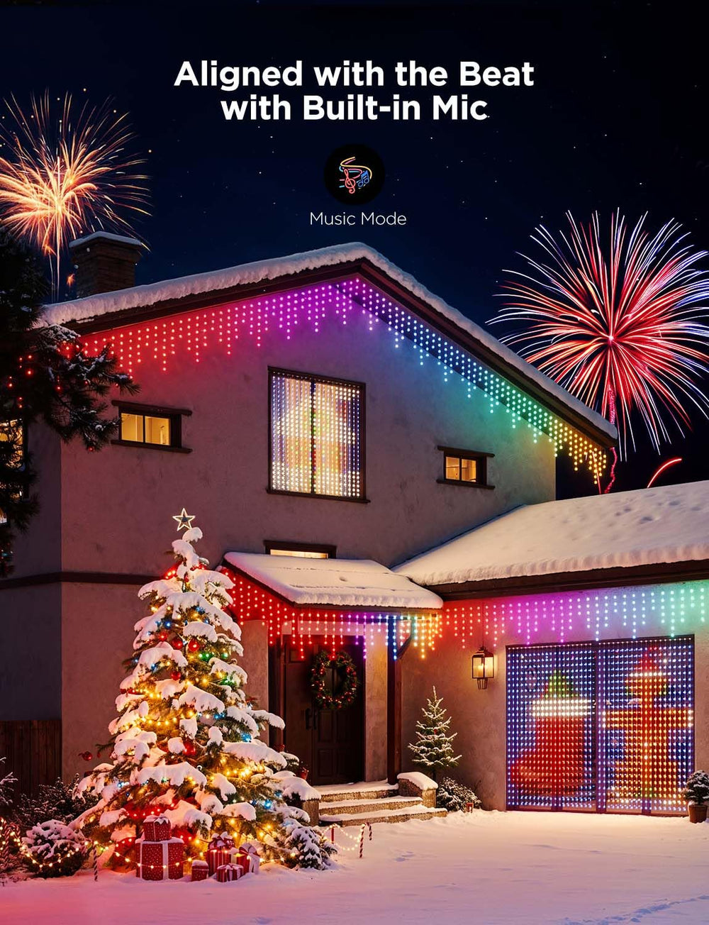 Govee icicle lights hung from eave showing cascading LEDs and festive ambiance