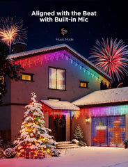 Govee icicle lights hung from eave showing cascading LEDs and festive ambiance