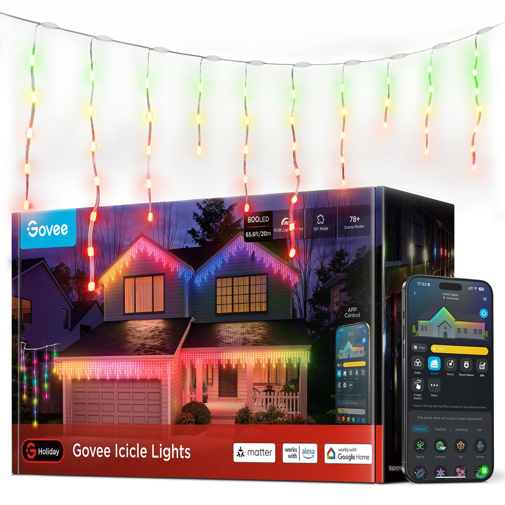 Govee front packaging showing icicle lights and feature highlights for easy setup