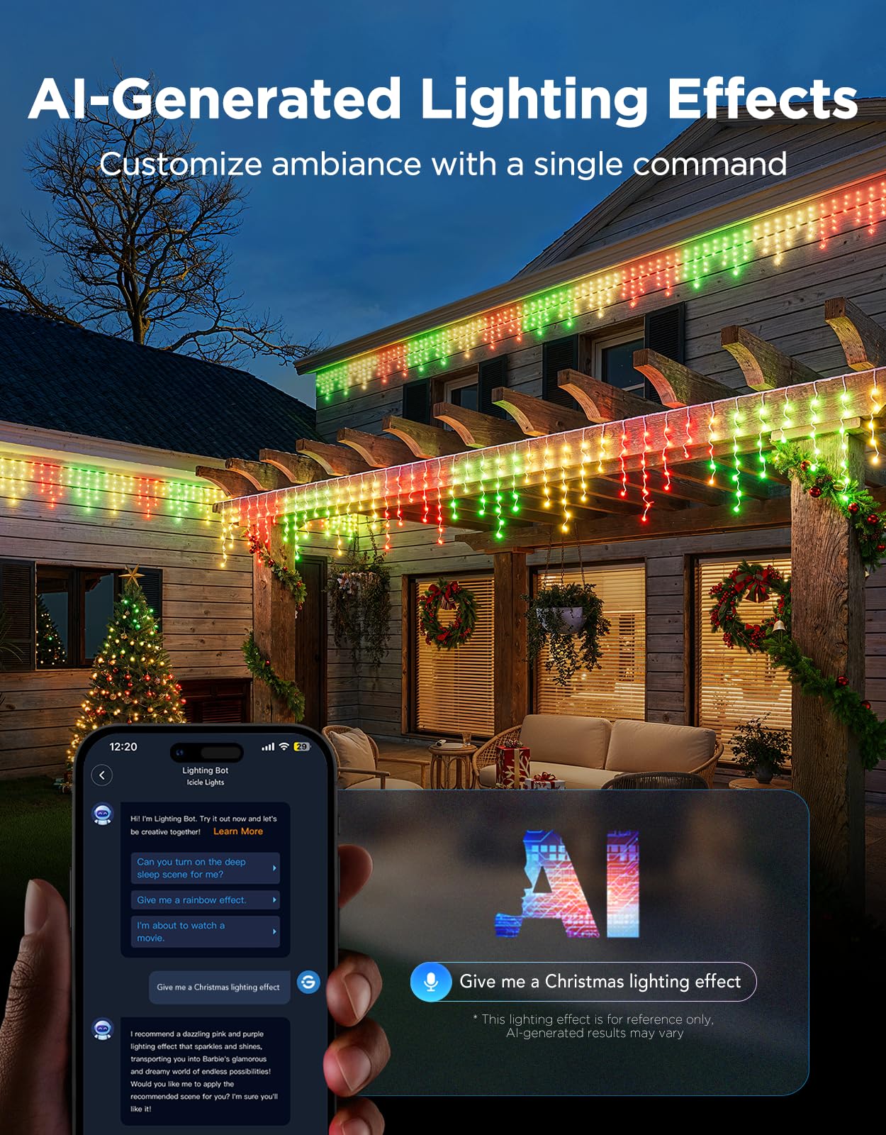 Govee nighttime multi-color icicle display showcasing vibrant, dynamic holiday effects