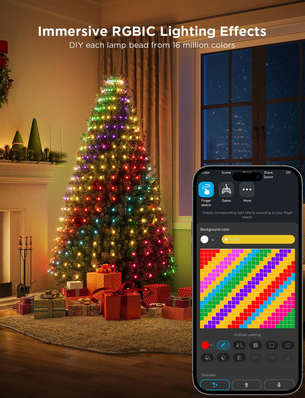 Govee lights installed on 8ft tree showing even brightness