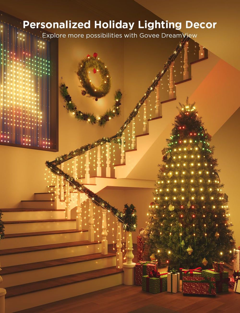 Govee lifestyle scene of decorated living room enhancing holiday atmosphere