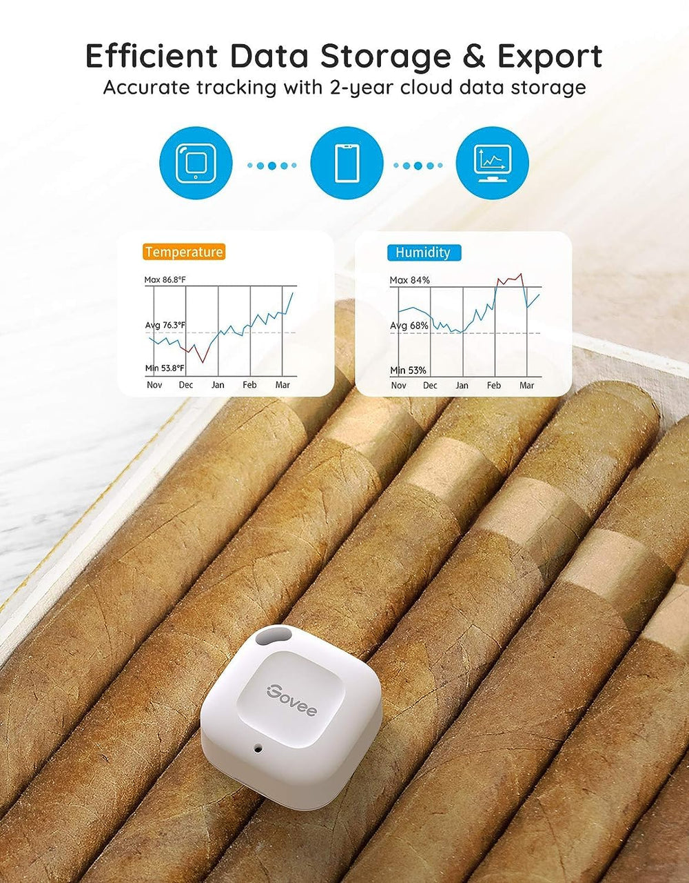 Govee sensor next to humidor illustrating humidity control for stored items
