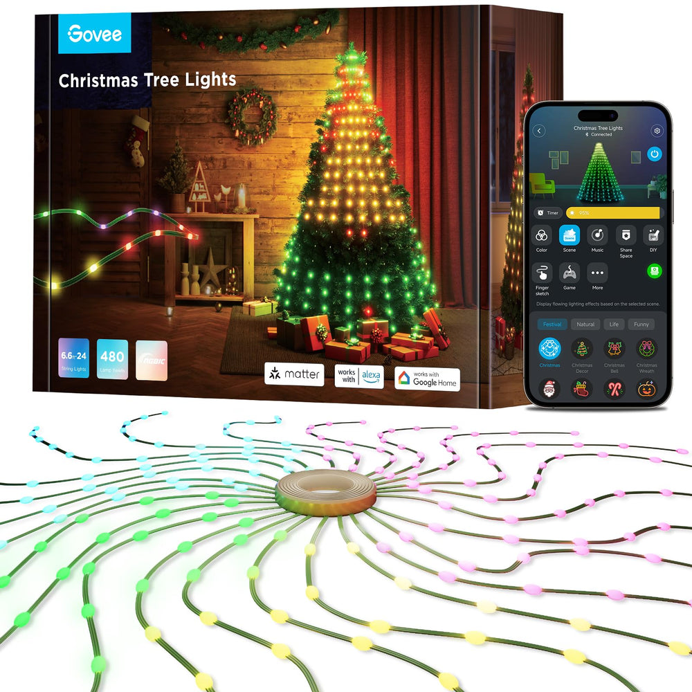 Govee front view of full lighting kit showing bright tree coverage