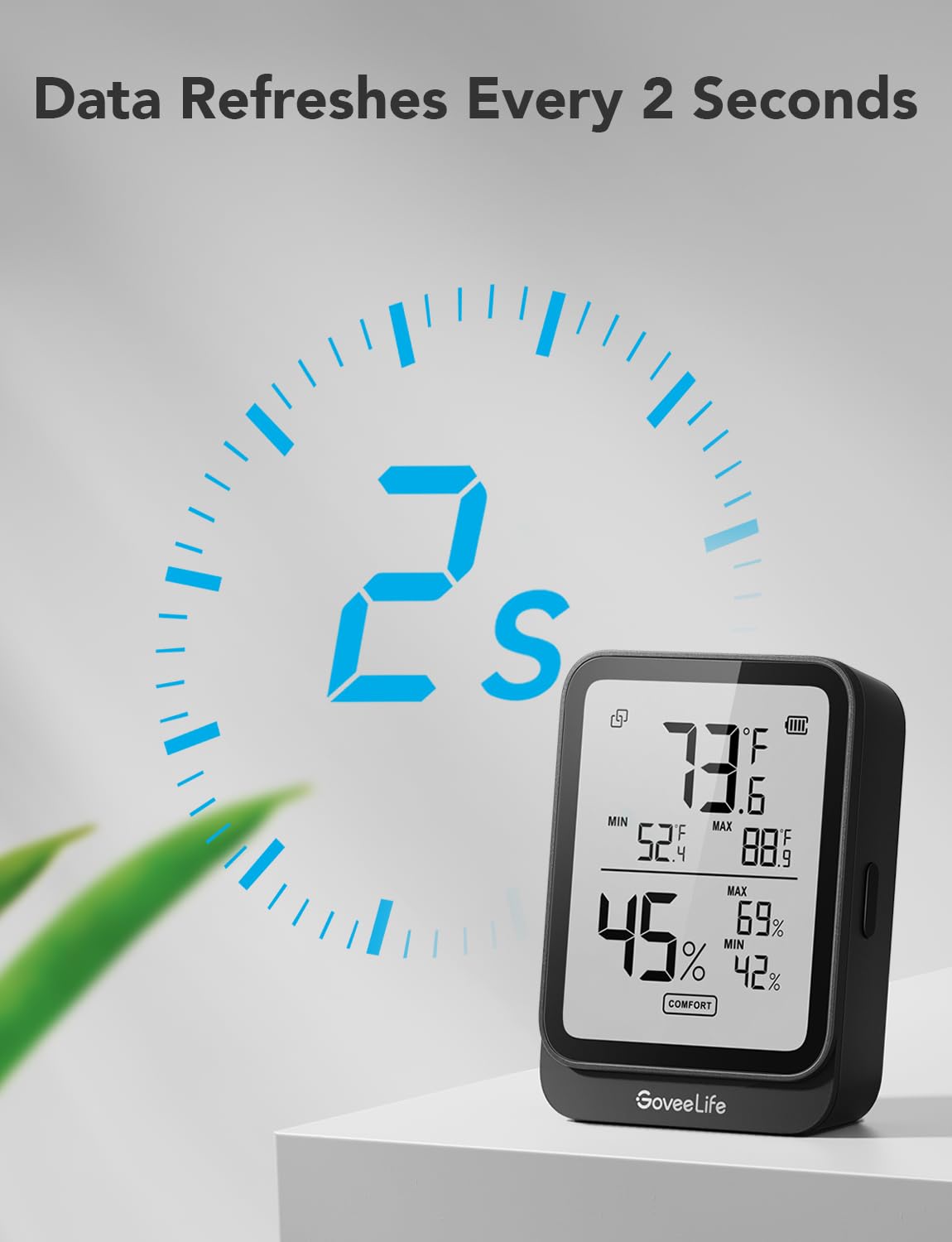 Close-up of GoveeLife H5104 sensor and LCD for accurate readings and calibration