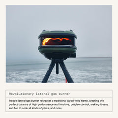 Gozney Tread lateral gas burner detail showing flame control for wood-fired flavor
