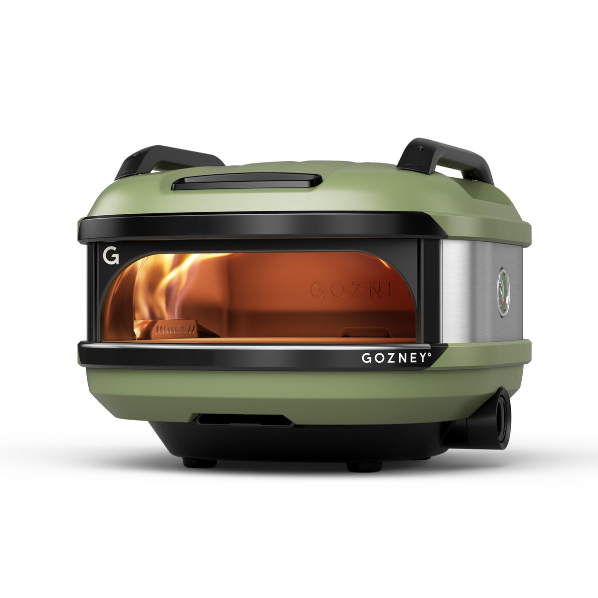 Gozney Tread front view in olive showing compact design and quick setup benefit