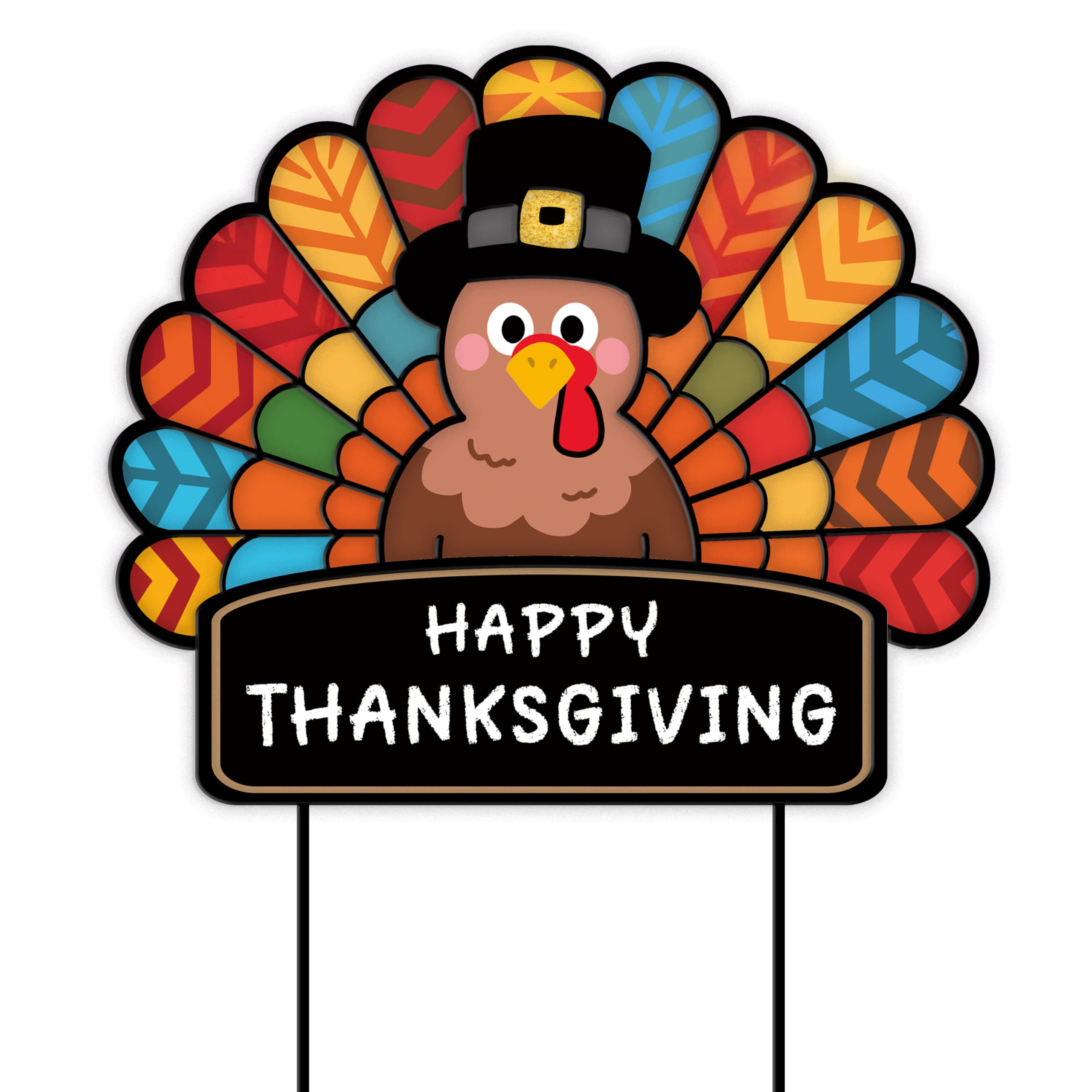 GPGHE metal turkey front view showing festive Happy Thanksgiving message and colorful design, adds curb appeal