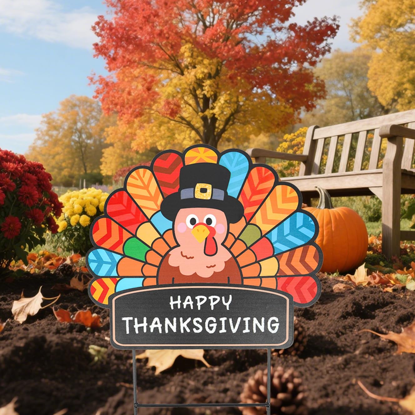 GPGHE turkey in garden setting placed among fall flowers to welcome guests and enhance outdoor decor