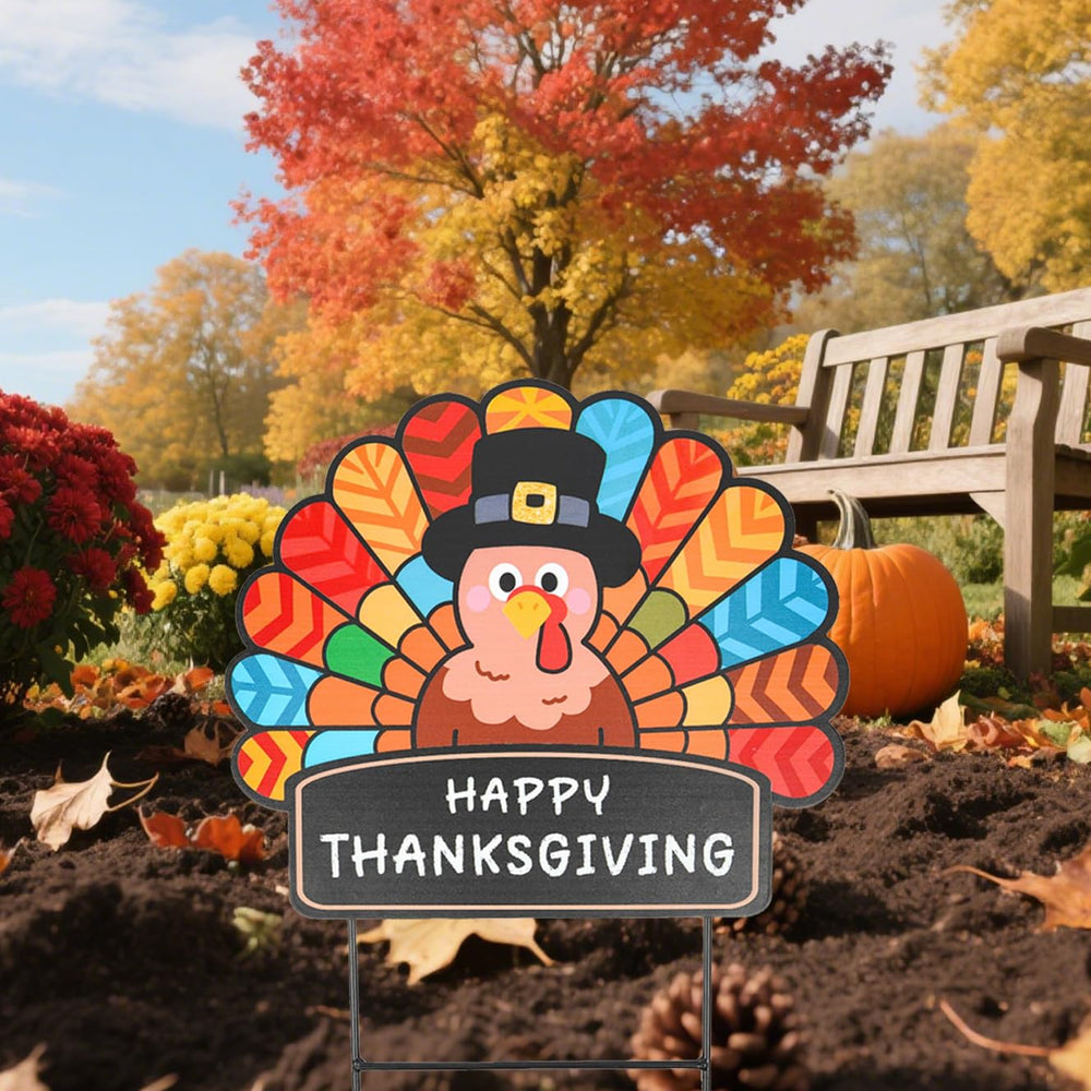 GPGHE turkey in garden setting placed among fall flowers to welcome guests and enhance outdoor decor