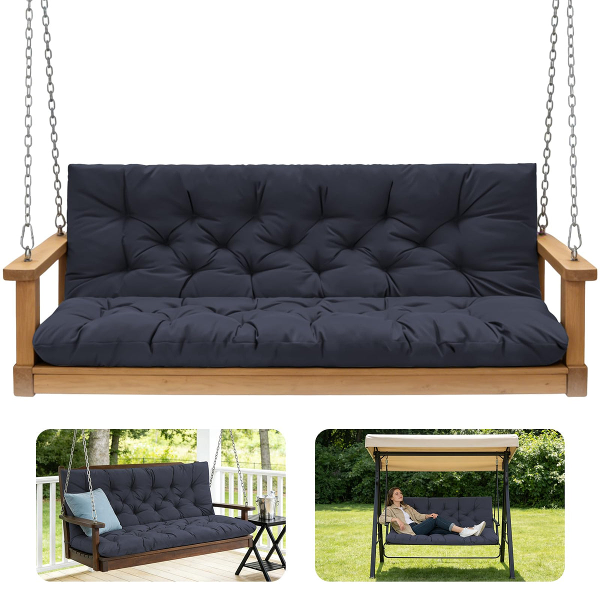 GPQAWER front view navy blue cushion on swing showing fit and style