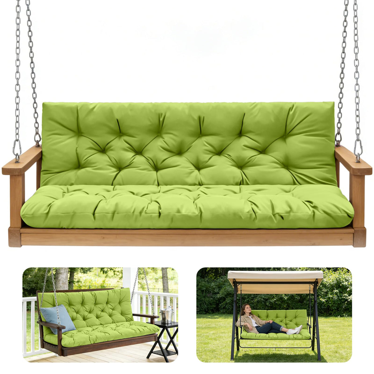 GPQAWER front view showing grass green three-seater cushion, adds instant comfort