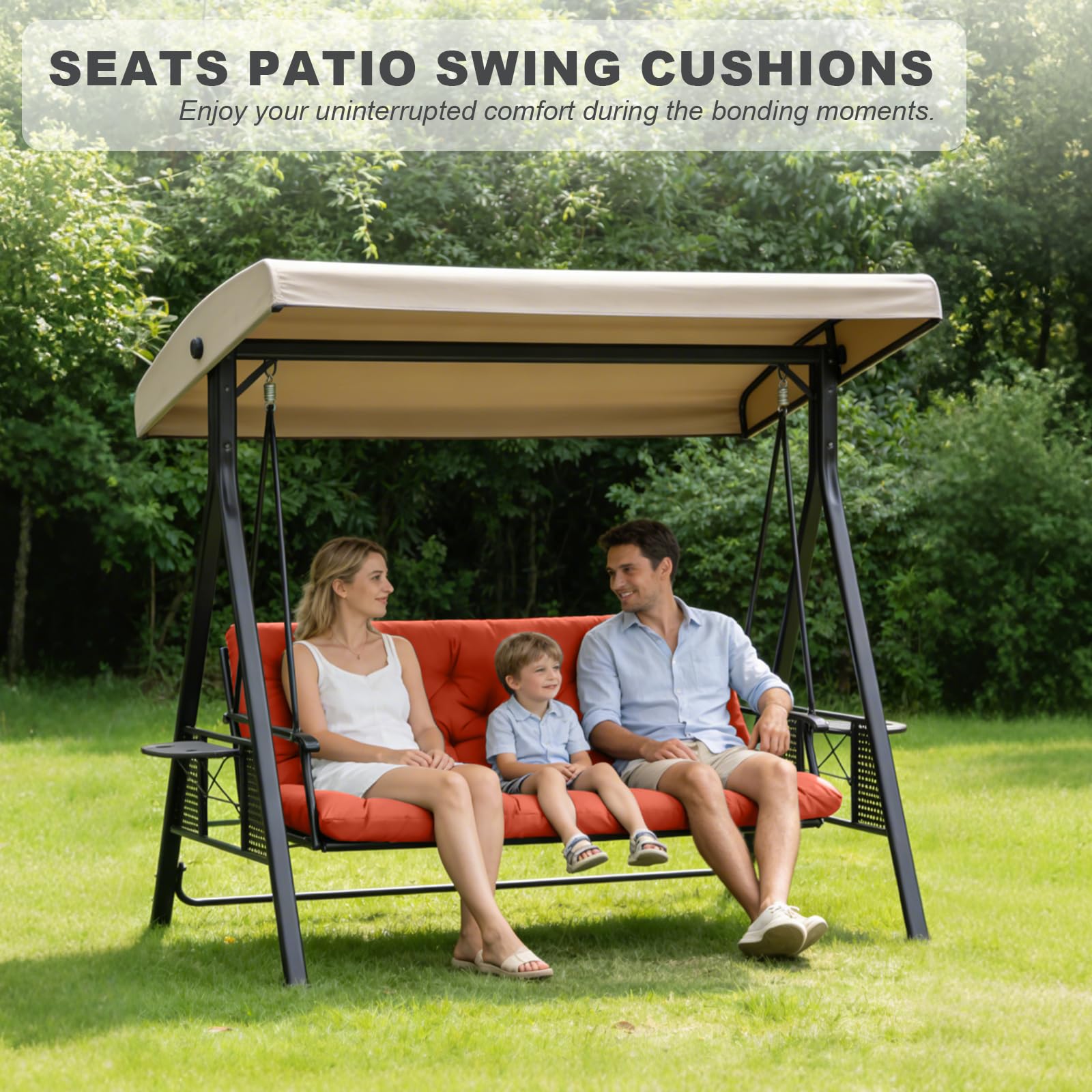 GPQAWER lifestyle patio scene with orange cushions creating inviting outdoor seating