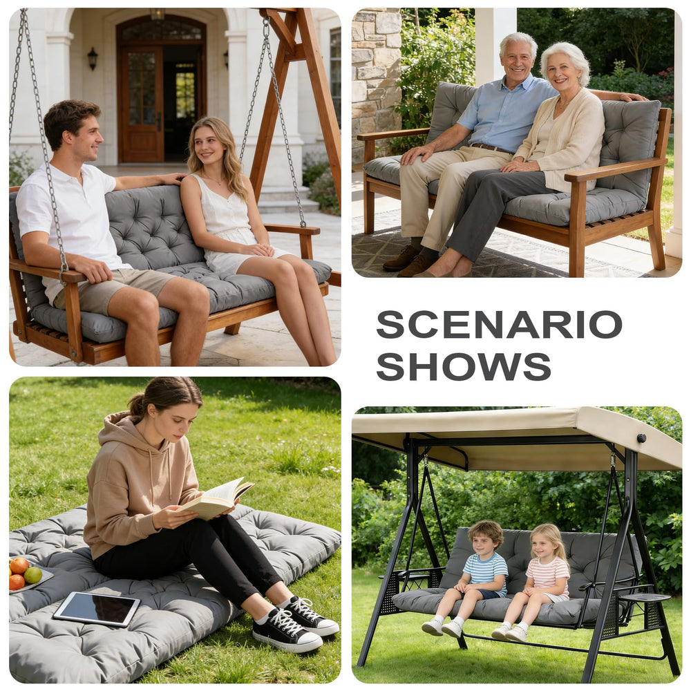 GPQAWER on wooden porch swing styled outdoors for relaxed seating