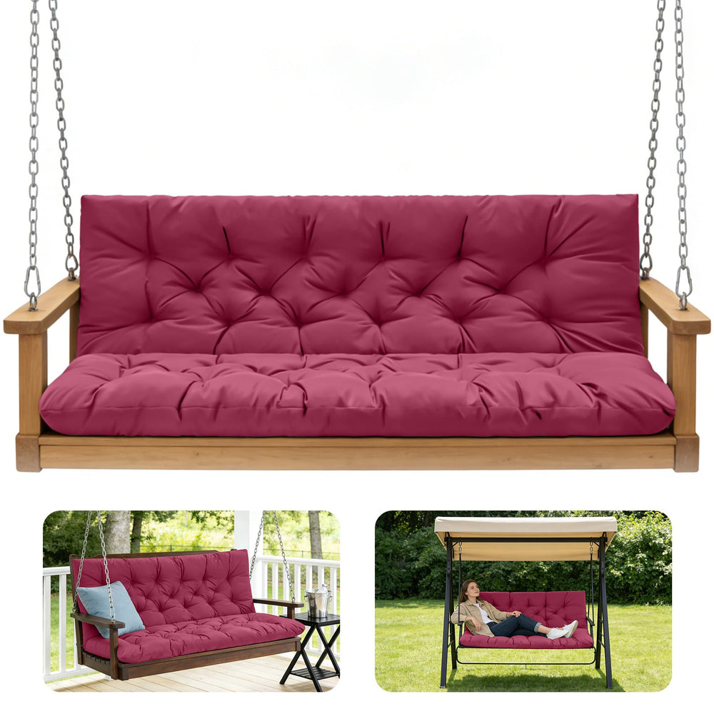 GPQAWER front view of wine red porch swing cushions showing full three-seater comfort