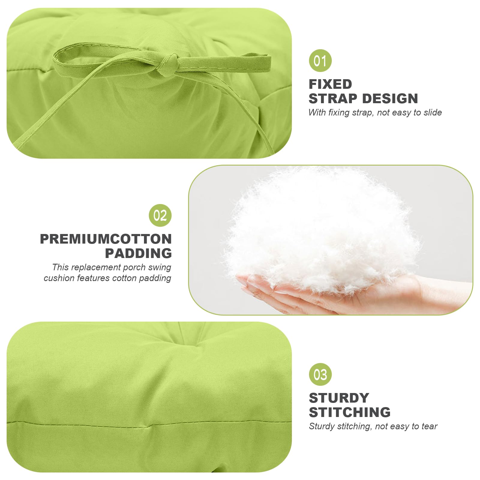 GPQAWER cushion on three-seater swing for scale, fits typical porch benches