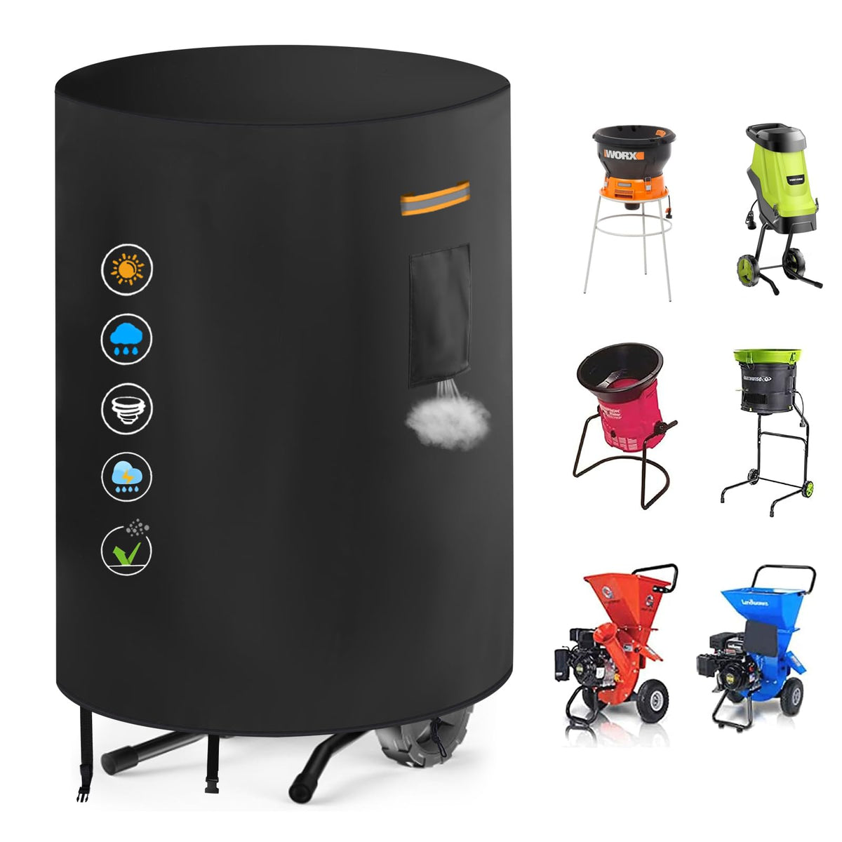 GRABADO front view of cover on electric chipper showing all-around protection