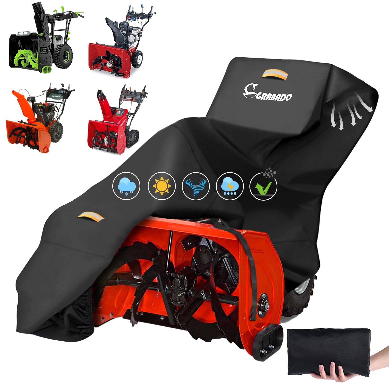 GRABADO front view of cover protecting snow blower for weather resistance