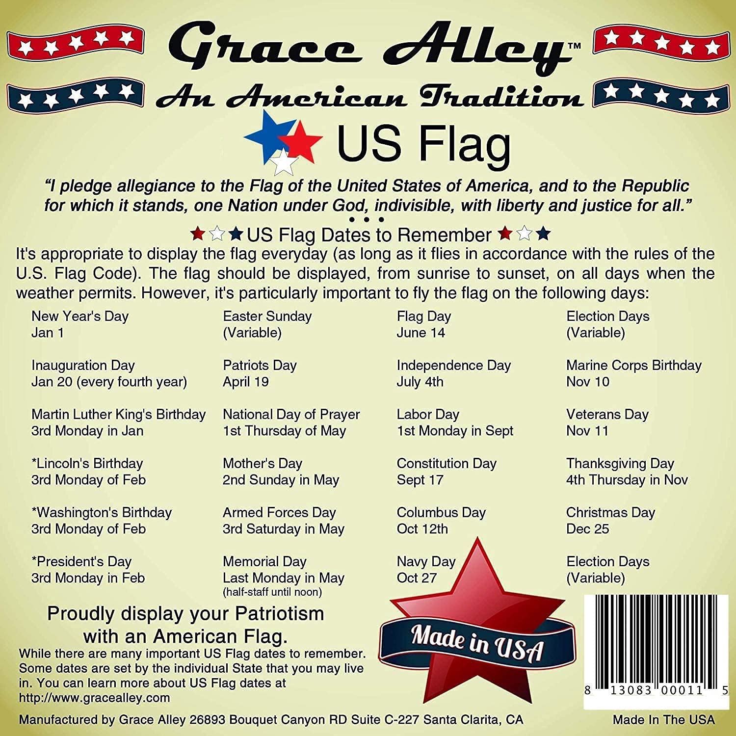 Bandera Grace Alley en entorno exterior mostrando aspecto patriótico