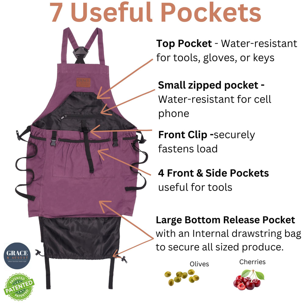 Grace and August close-up of deep bottom-release harvest pouch, enables quick hands-free emptying