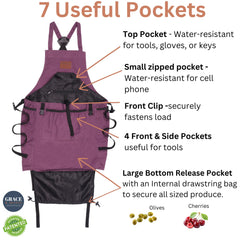 Grace and August close-up of deep bottom-release harvest pouch, enables quick hands-free emptying