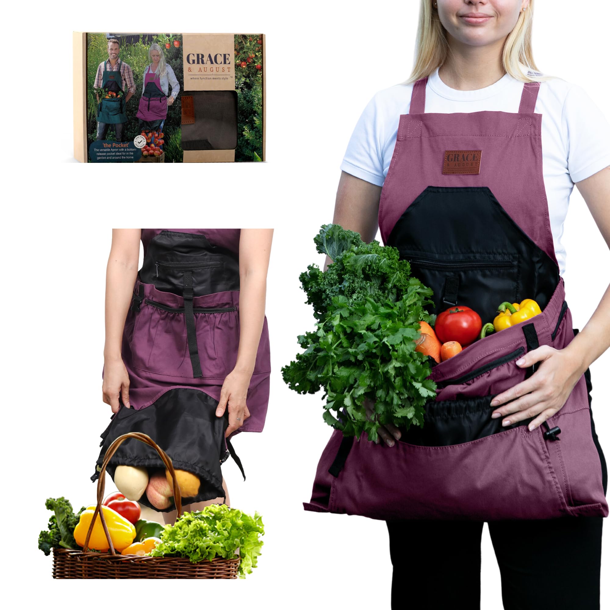 Grace and August apron front view showing pockets and heavy-duty canvas, keeps tools organized