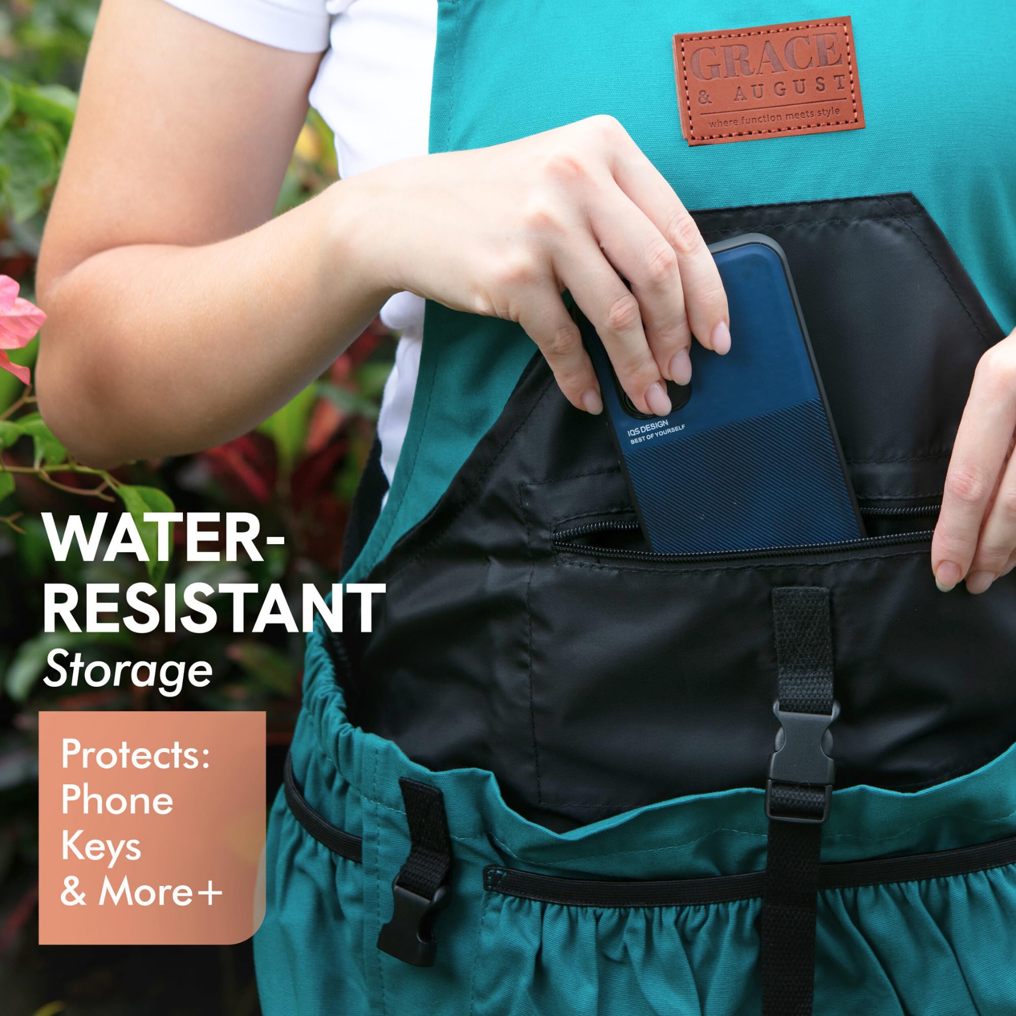 Grace and August apron worn by gardener offering hands-free harvesting benefit