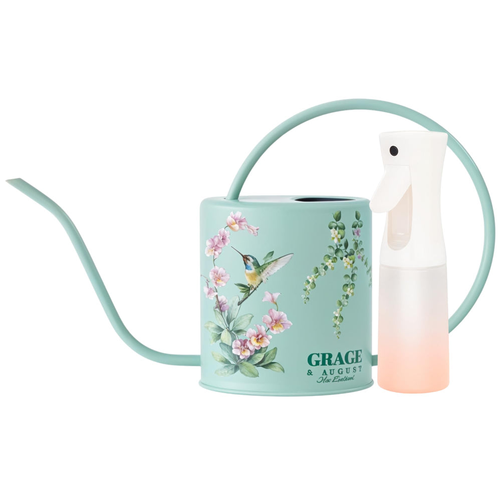Grace and August front view of watering can and spray bottle, decorative and complete set