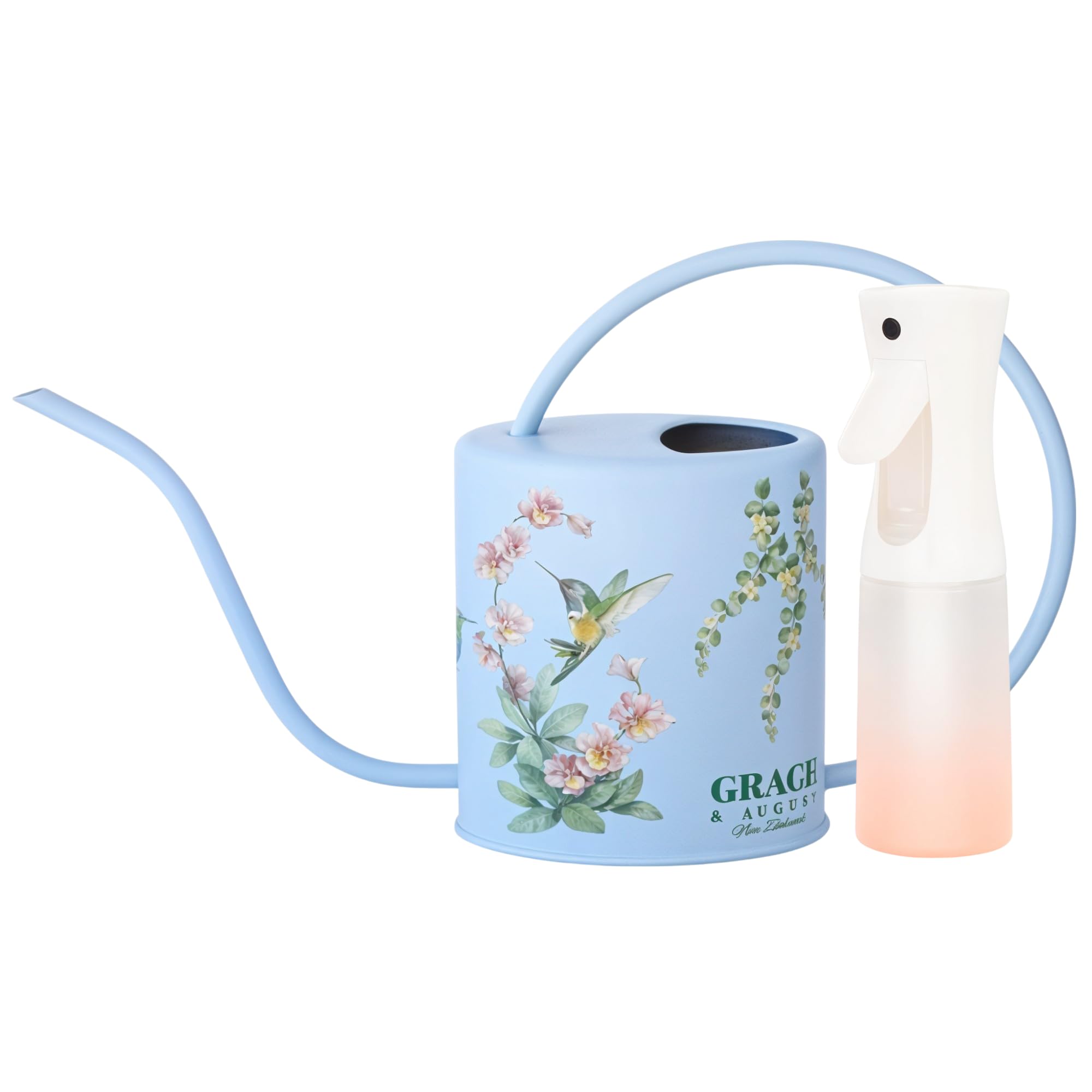 Grace and August front view of decorative watering can and spray set for tidy plant care