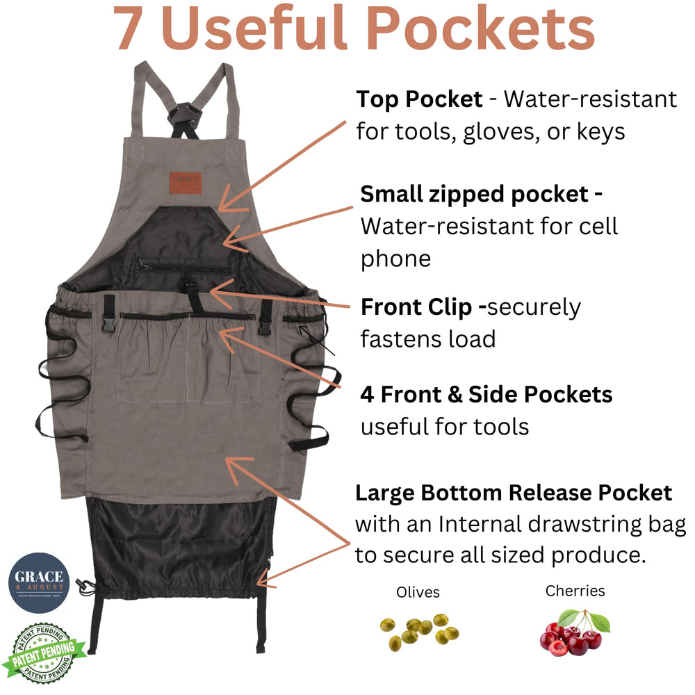 Grace and August harvest pouch close-up demonstrating quick bottom-release benefit