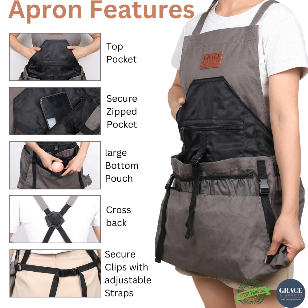 Gardener wearing Grace and August apron harvesting tomatoes hands-free efficiently