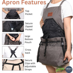 Gardener wearing Grace and August apron harvesting tomatoes hands-free efficiently