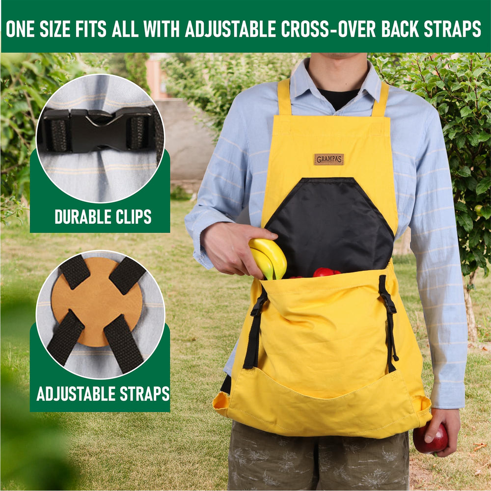 Grampa's Weeder adjustable cross-back straps worn comfortably across shoulders for less neck strain