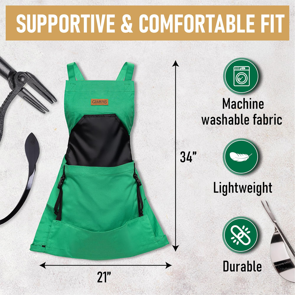Grampa's Weeder cross-back strap fit displaying weight distribution for shoulder comfort
