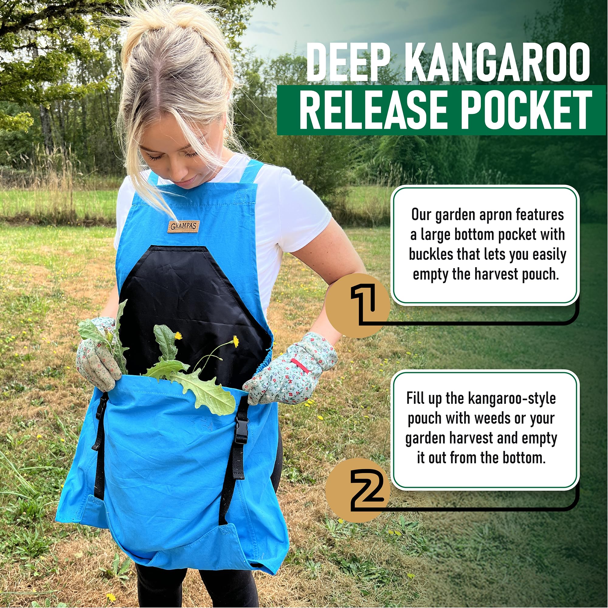 Grampa's Weeder adjustable cross-back straps distributing weight for shoulder comfort