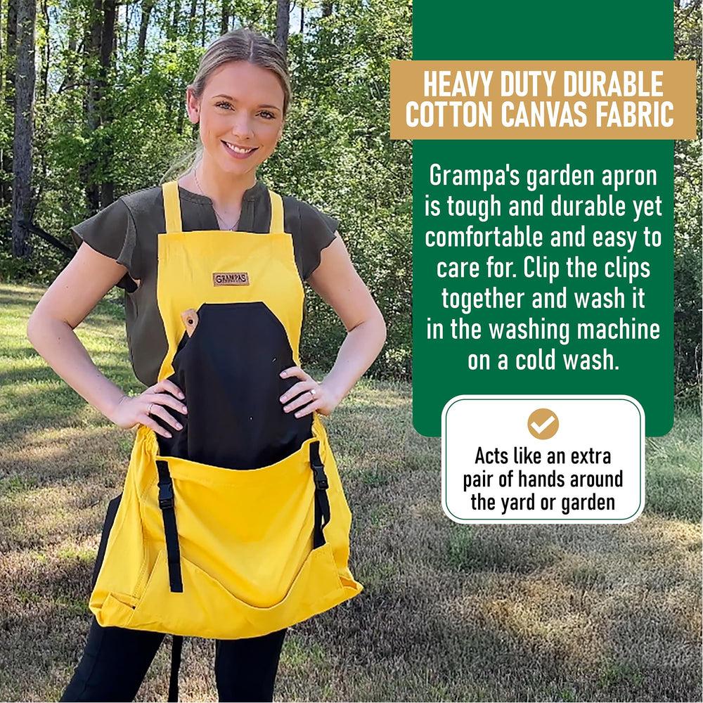 Grampa's Weeder apron in use harvesting vegetables hands-free and keeping produce secure