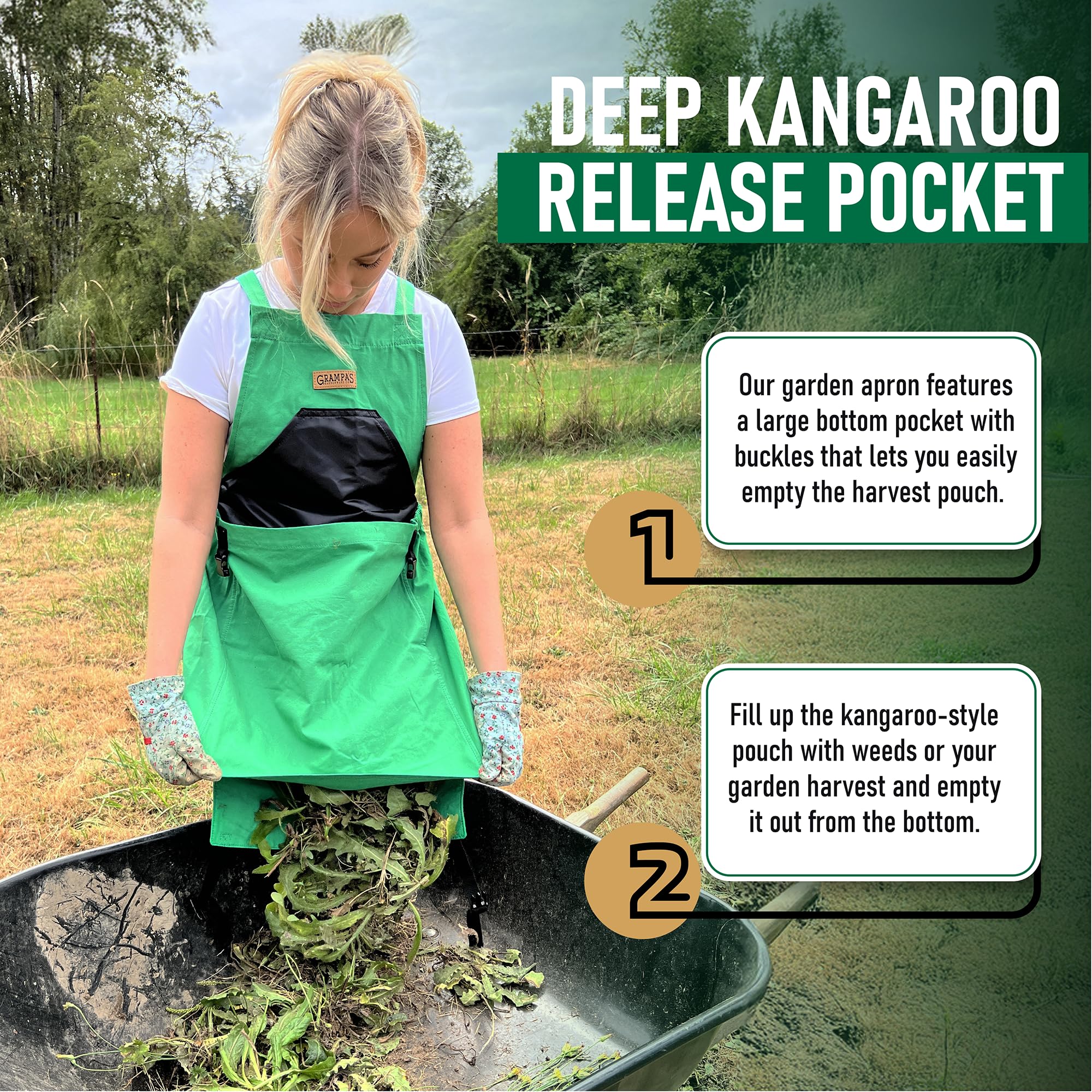 Grampa's Weeder close-up of kangaroo pocket with buckle release for fast harvest dumping