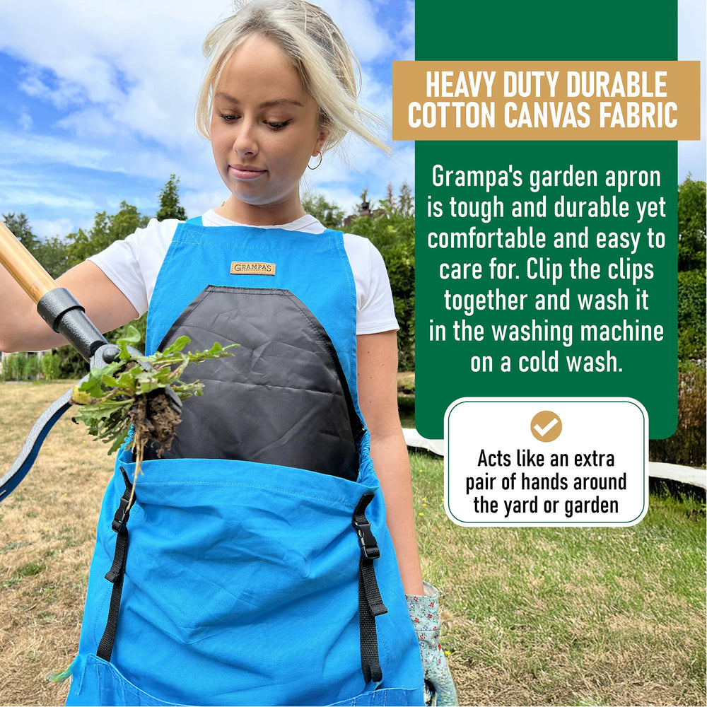 Grampa's Weeder close-up of kangaroo pouch with quick-release buckles for easy emptying