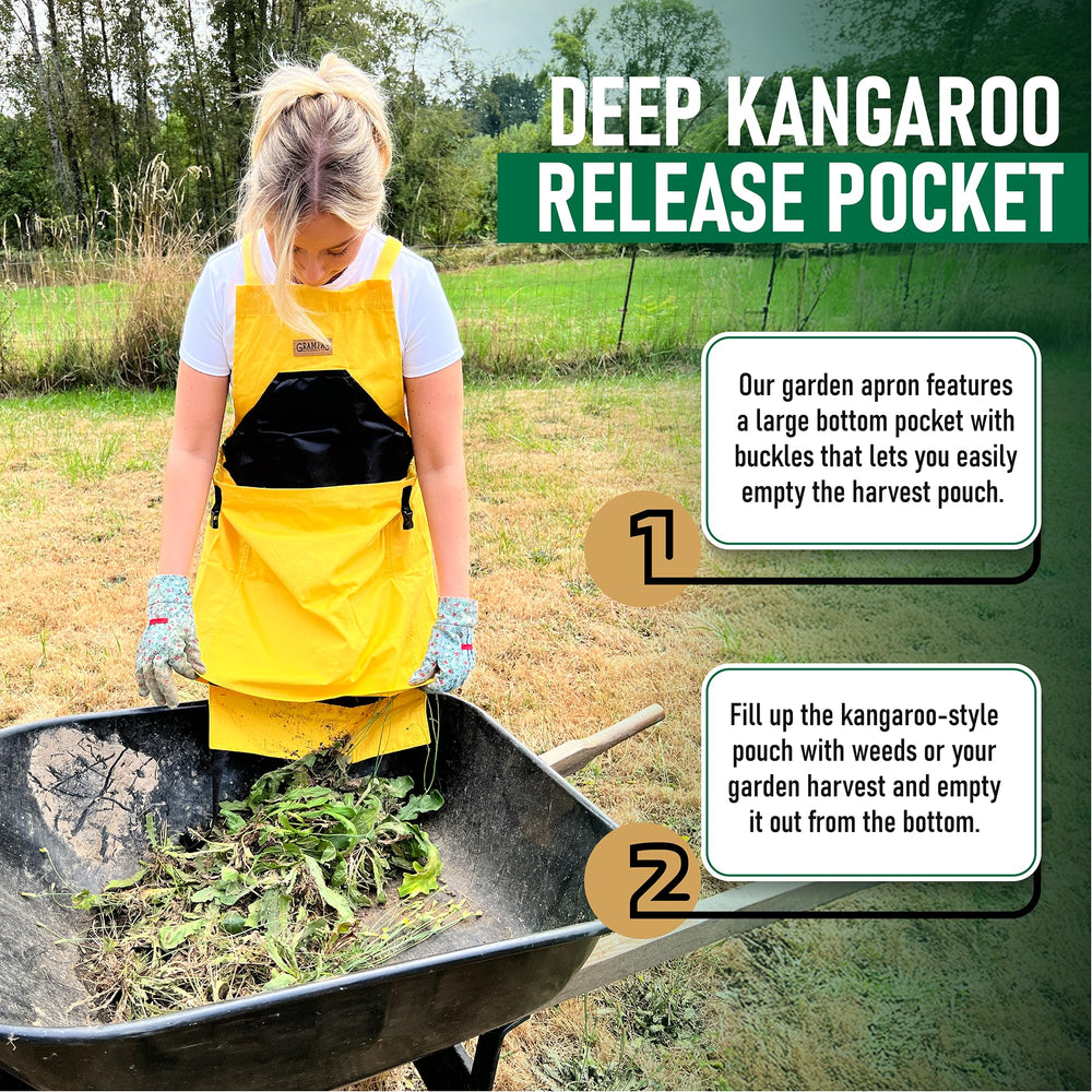 Grampa's Weeder close-up kangaroo pocket detail with quick-release buckles for easy emptying