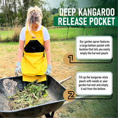 Grampa's Weeder close-up kangaroo pocket detail with quick-release buckles for easy emptying