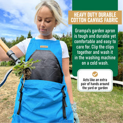 Grampa's Weeder close-up of kangaroo pouch with quick-release buckles for easy emptying