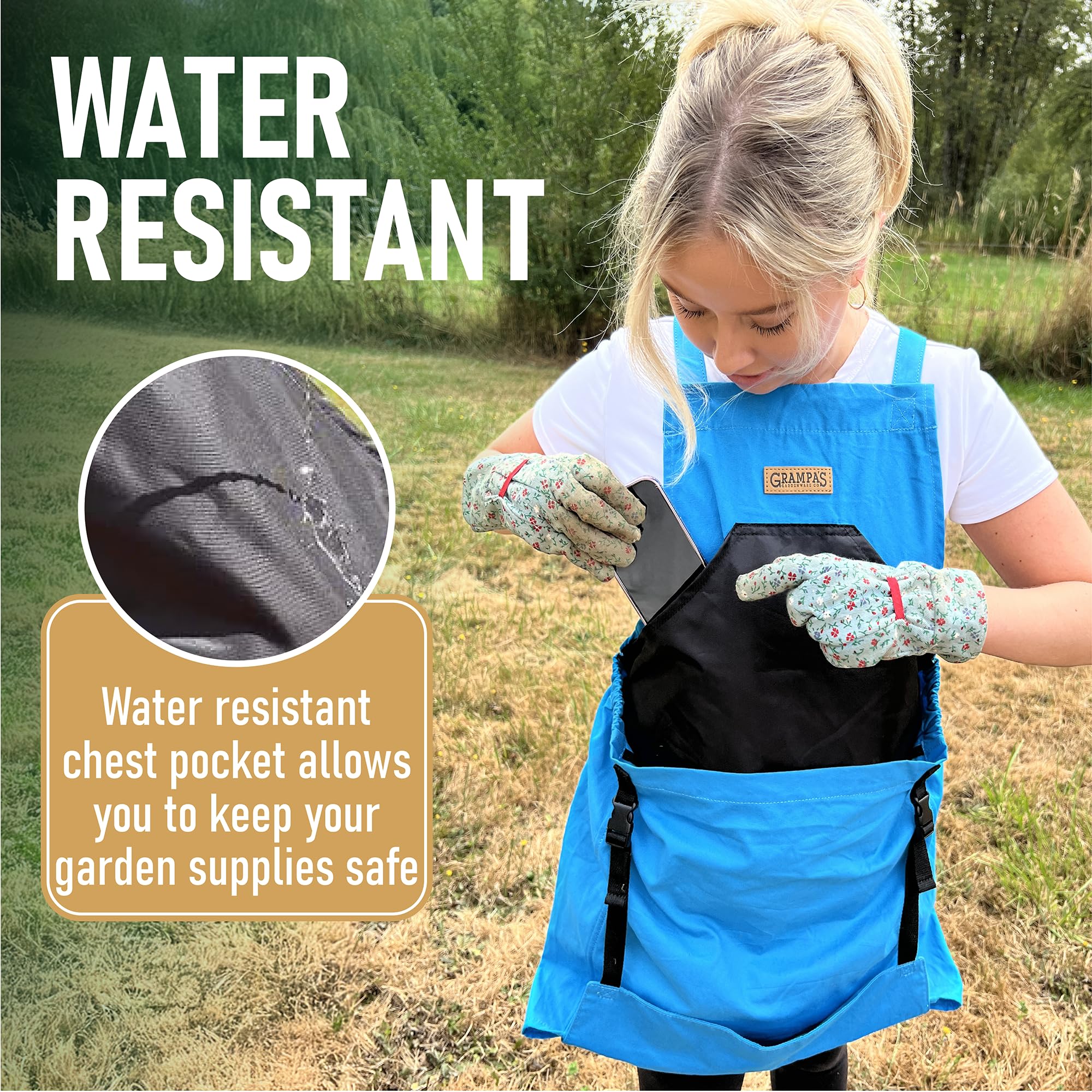 Grampa's Weeder apron next to hand tools showing size and storage capacity benefit