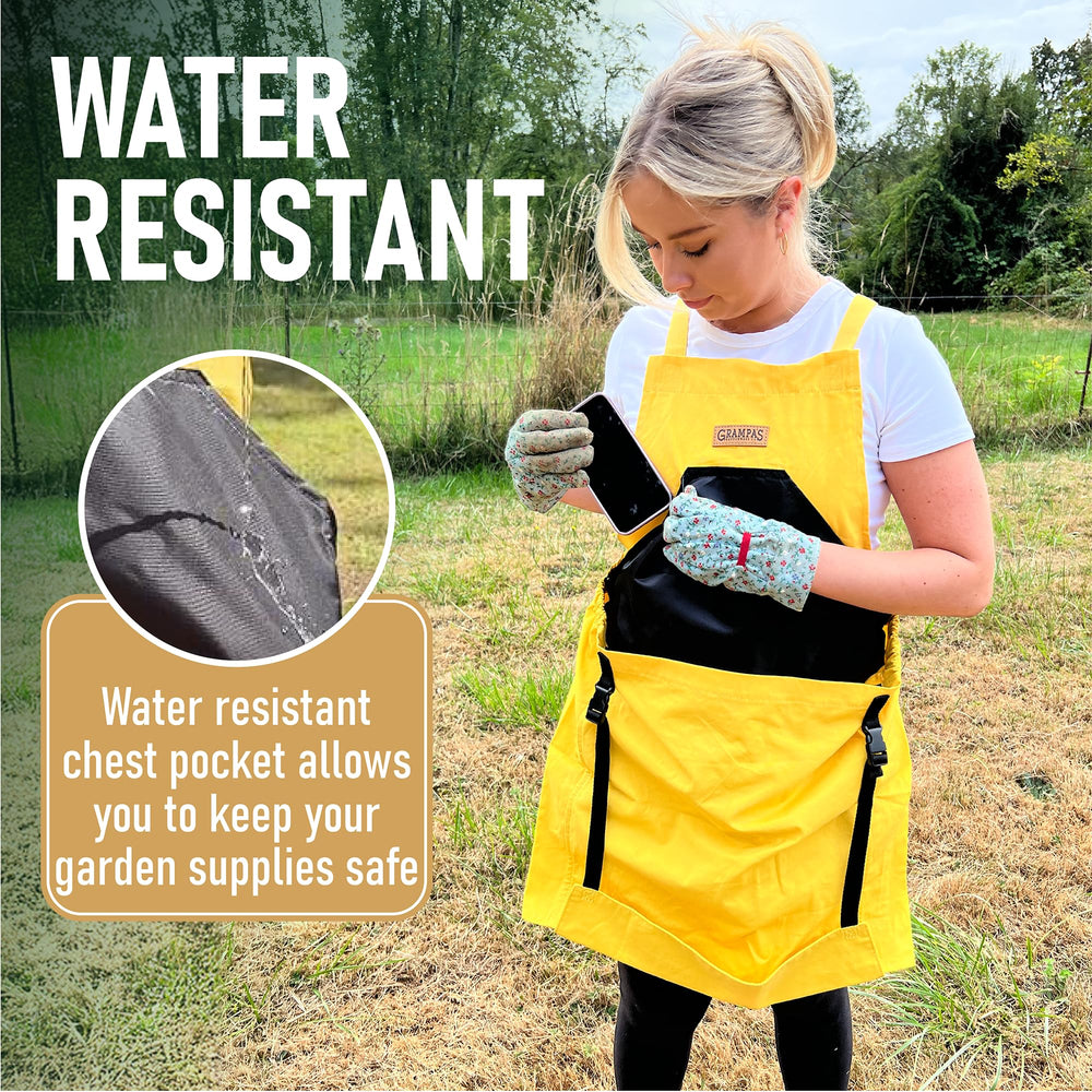 Grampa's Weeder chest pocket lined with waterproof material protecting phone and tools